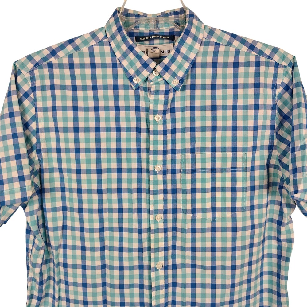 Old Navy Mens L The Classic Shirt Blue Teal Gingham Cotton Slim Fit Preppy